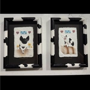 Figi Graphics 1993 Set 2 HAND CAST 3-D Paper Art Pigs In Cow Print FRAMED Glass